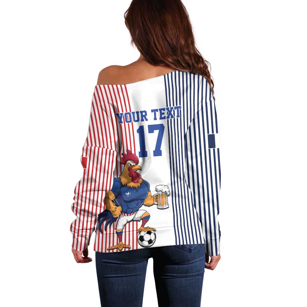 Custom France Football Off Shoulder Sweater White Gallic Rooster Mascot