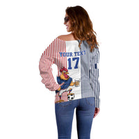 Custom France Football Off Shoulder Sweater White Gallic Rooster Mascot