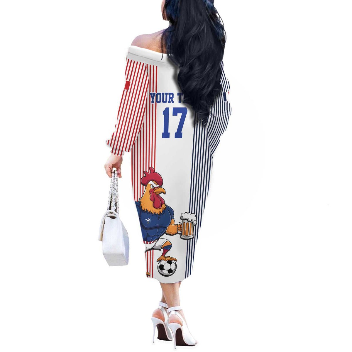 Custom France Football Off The Shoulder Long Sleeve Dress White Gallic Rooster Mascot