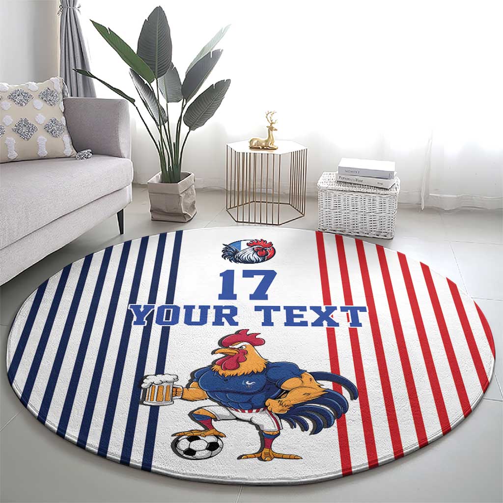 Custom France Football Round Carpet White Gallic Rooster Mascot