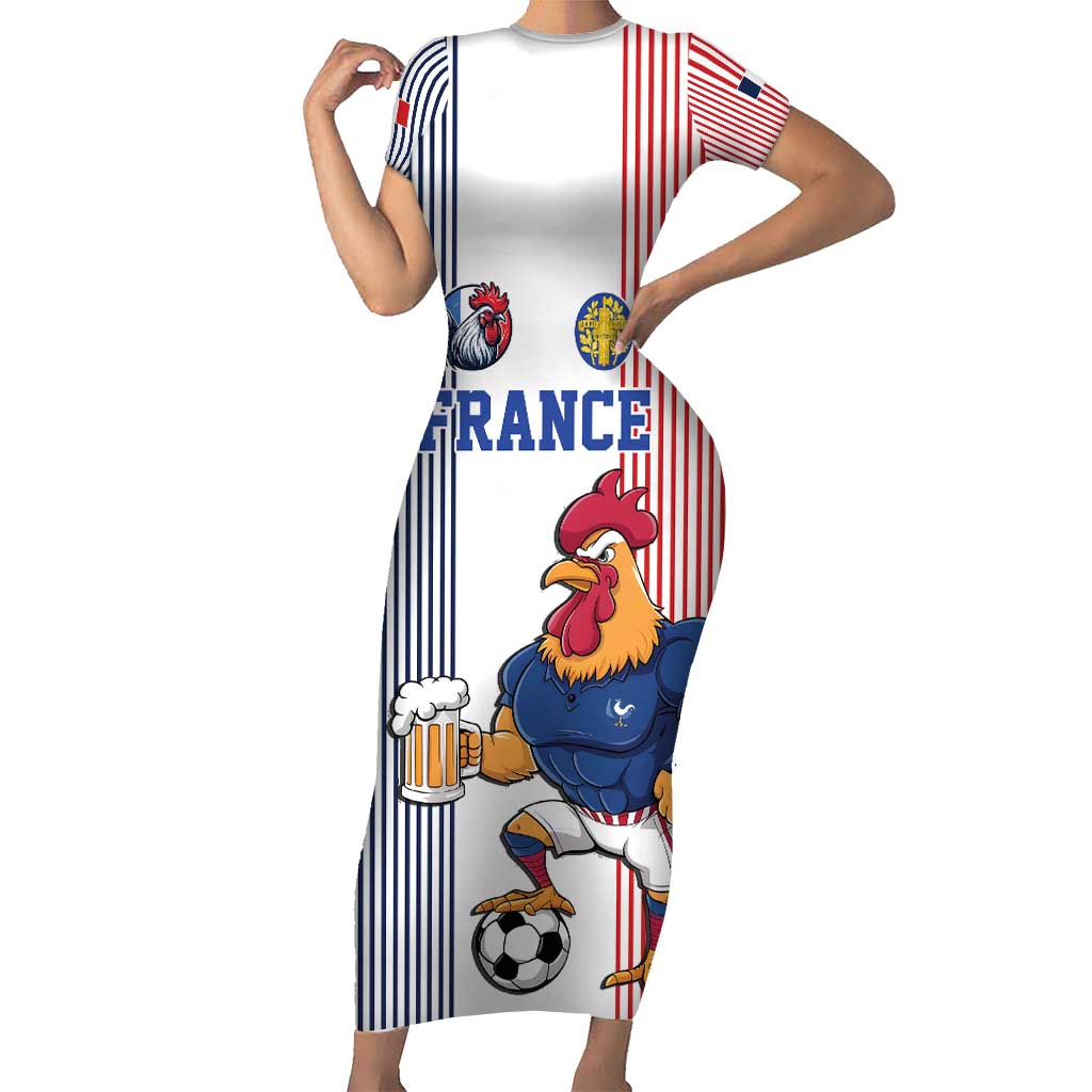 Custom France Football Short Sleeve Bodycon Dress White Gallic Rooster Mascot