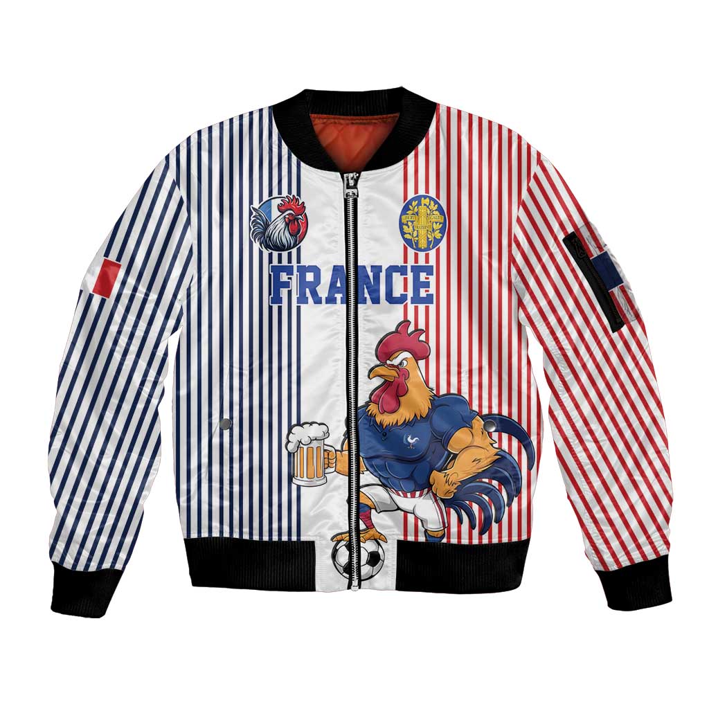 Custom France Football Sleeve Zip Bomber Jacket White Gallic Rooster Mascot
