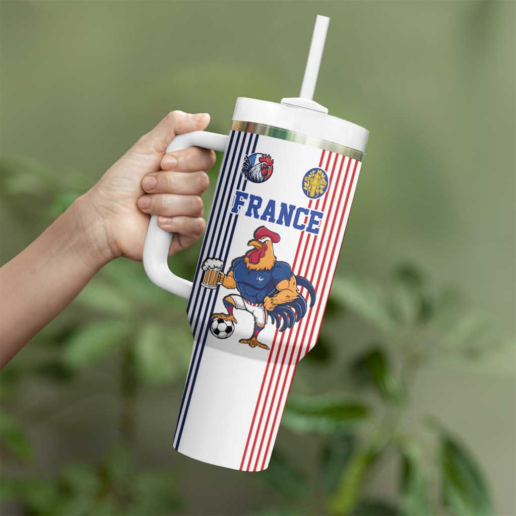 Custom France Football Tumbler With Handle White Gallic Rooster Mascot