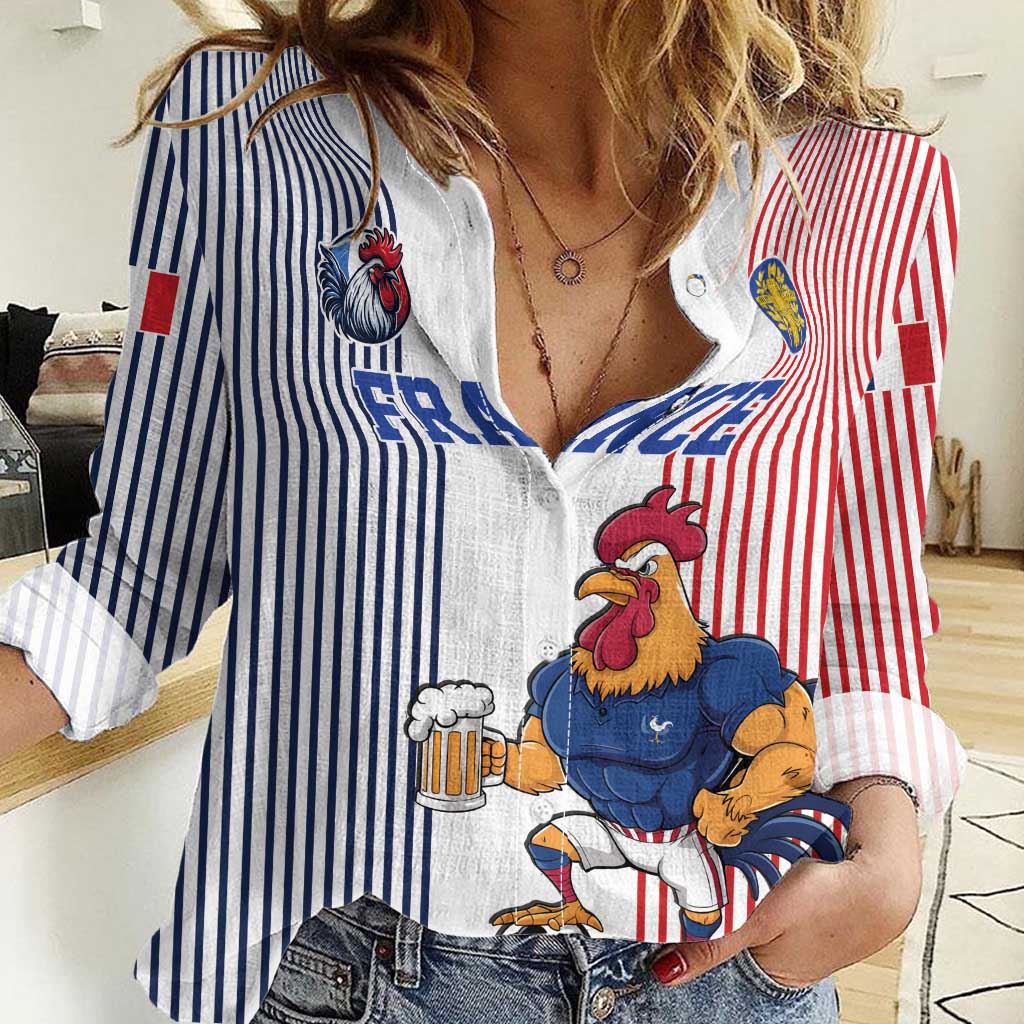 Custom France Football Women Casual Shirt White Gallic Rooster Mascot