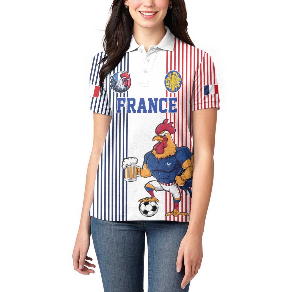 Custom France Football Women Polo Shirt White Gallic Rooster Mascot