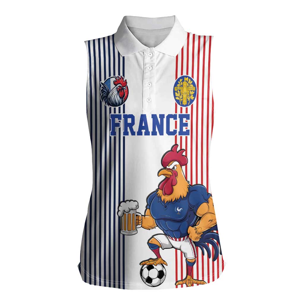 Custom France Football Women Sleeveless Polo Shirt White Gallic Rooster Mascot