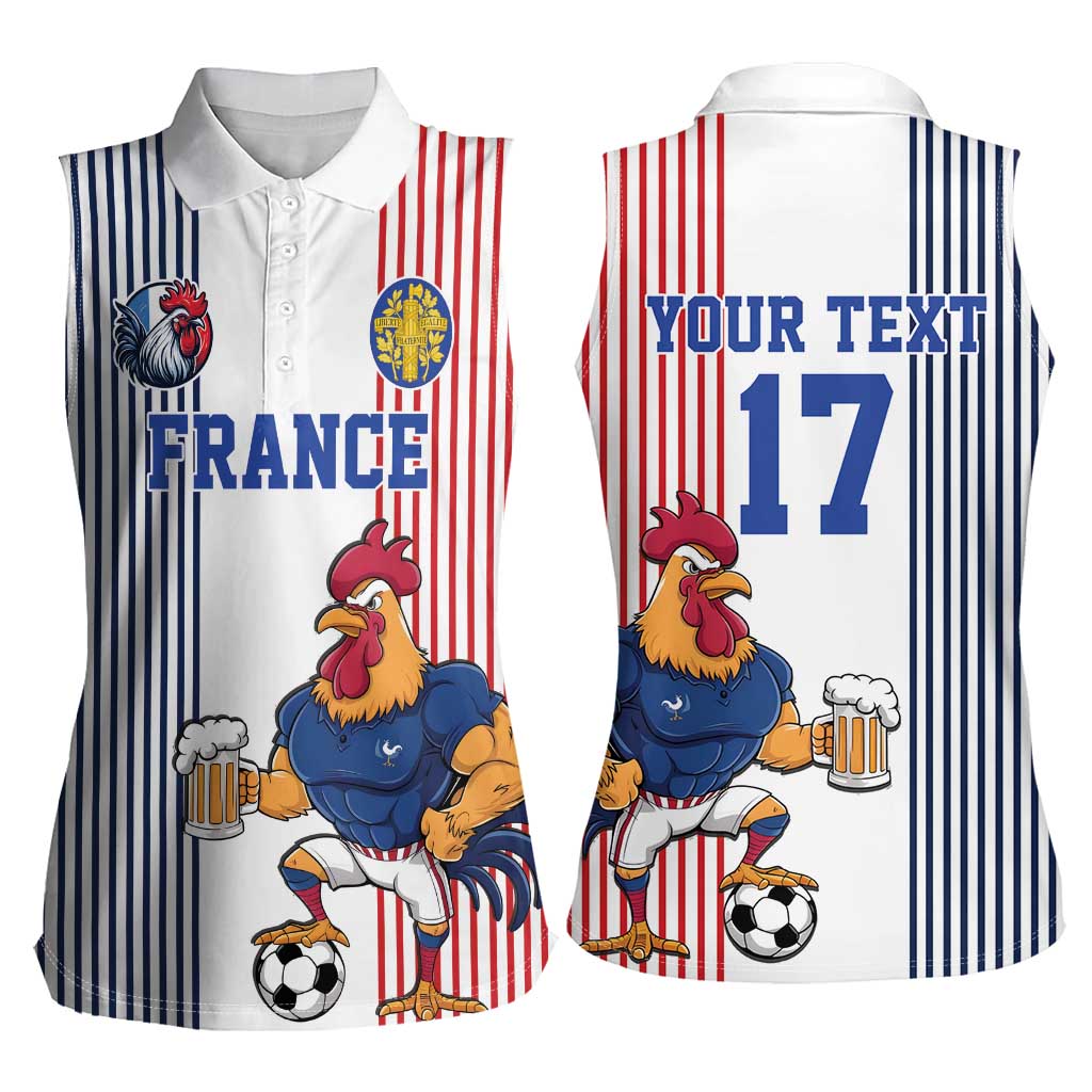 Custom France Football Women Sleeveless Polo Shirt White Gallic Rooster Mascot