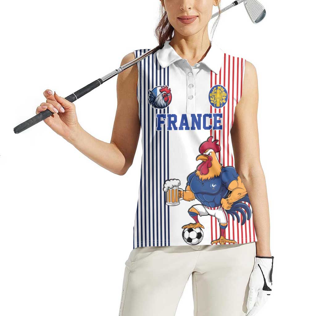 Custom France Football Women Sleeveless Polo Shirt White Gallic Rooster Mascot
