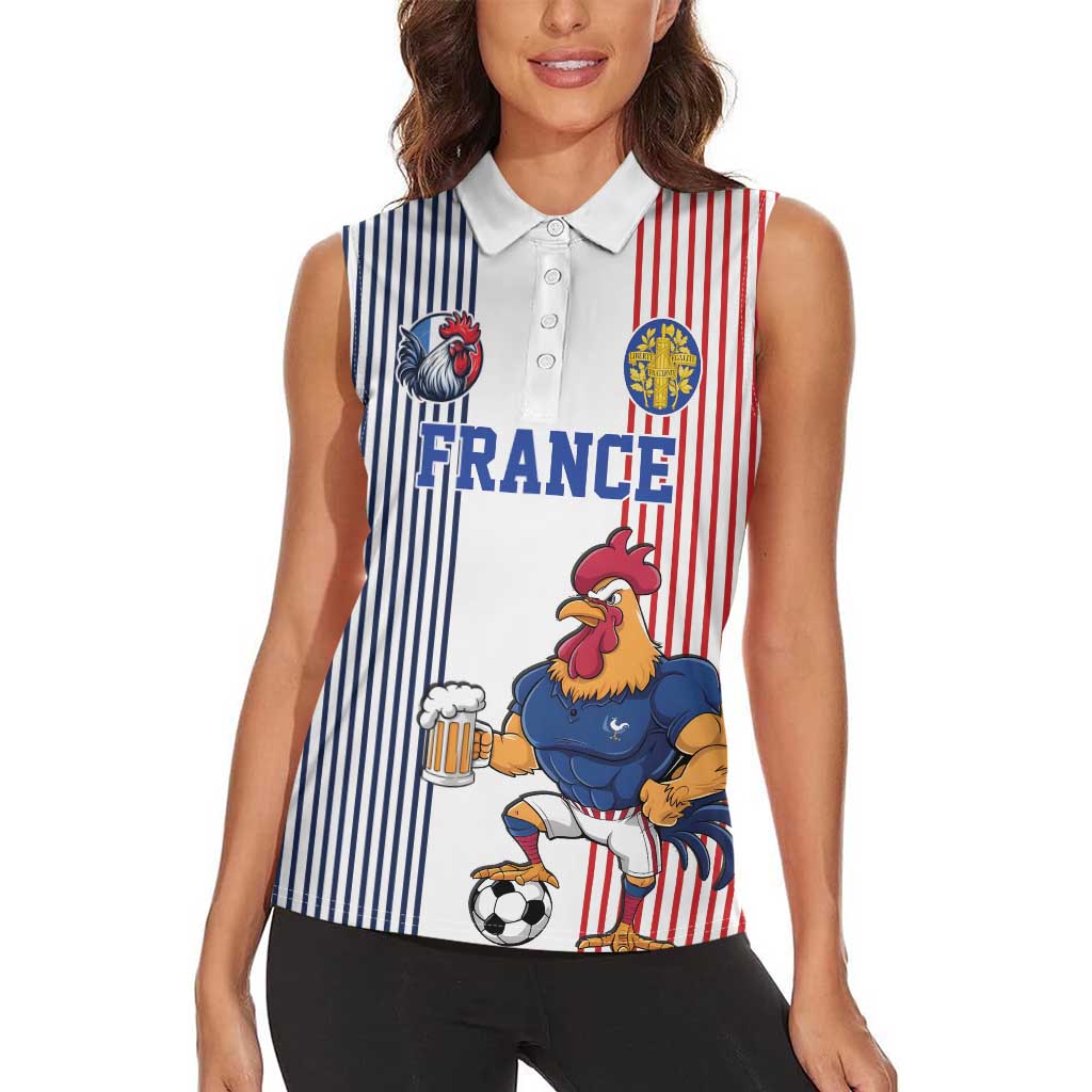 Custom France Football Women Sleeveless Polo Shirt White Gallic Rooster Mascot