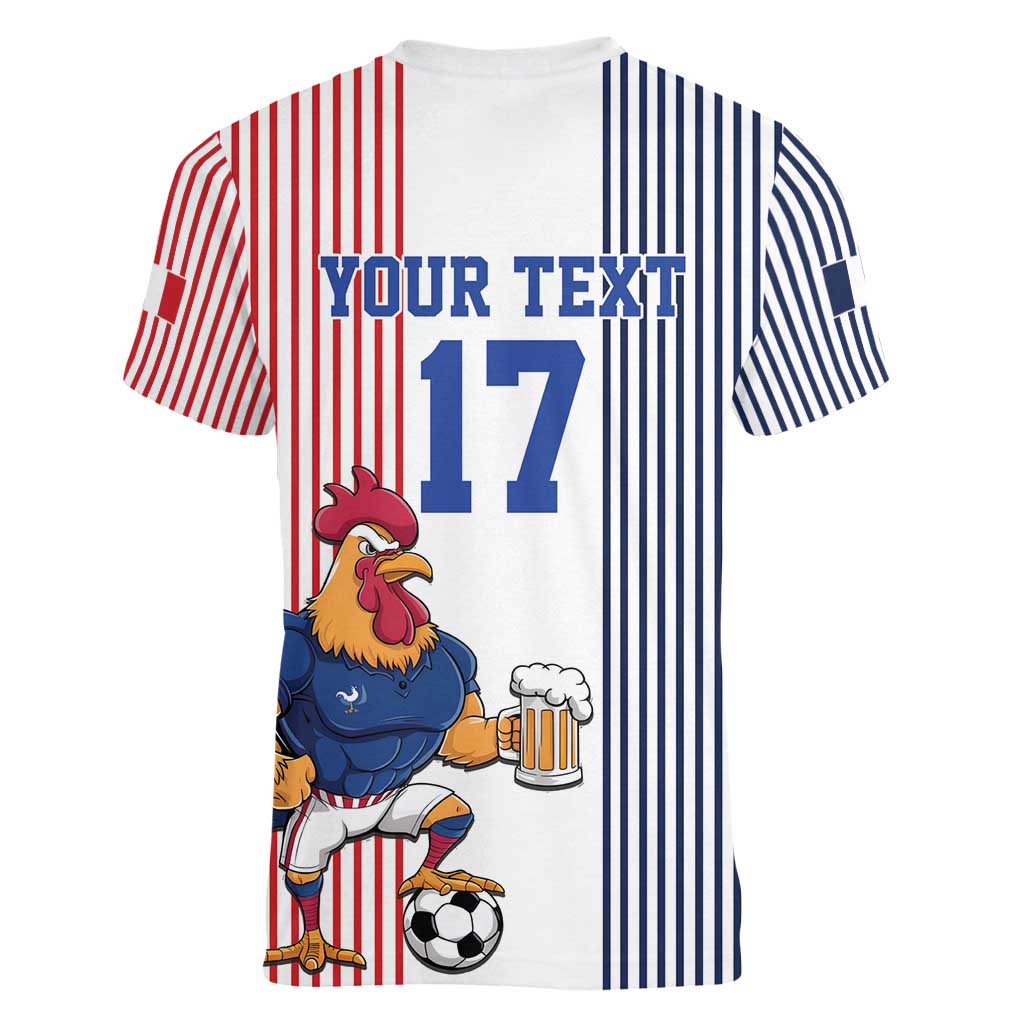 Custom France Football Women V-Neck T-Shirt White Gallic Rooster Mascot