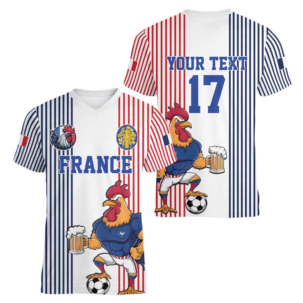 Custom France Football Women V-Neck T-Shirt White Gallic Rooster Mascot