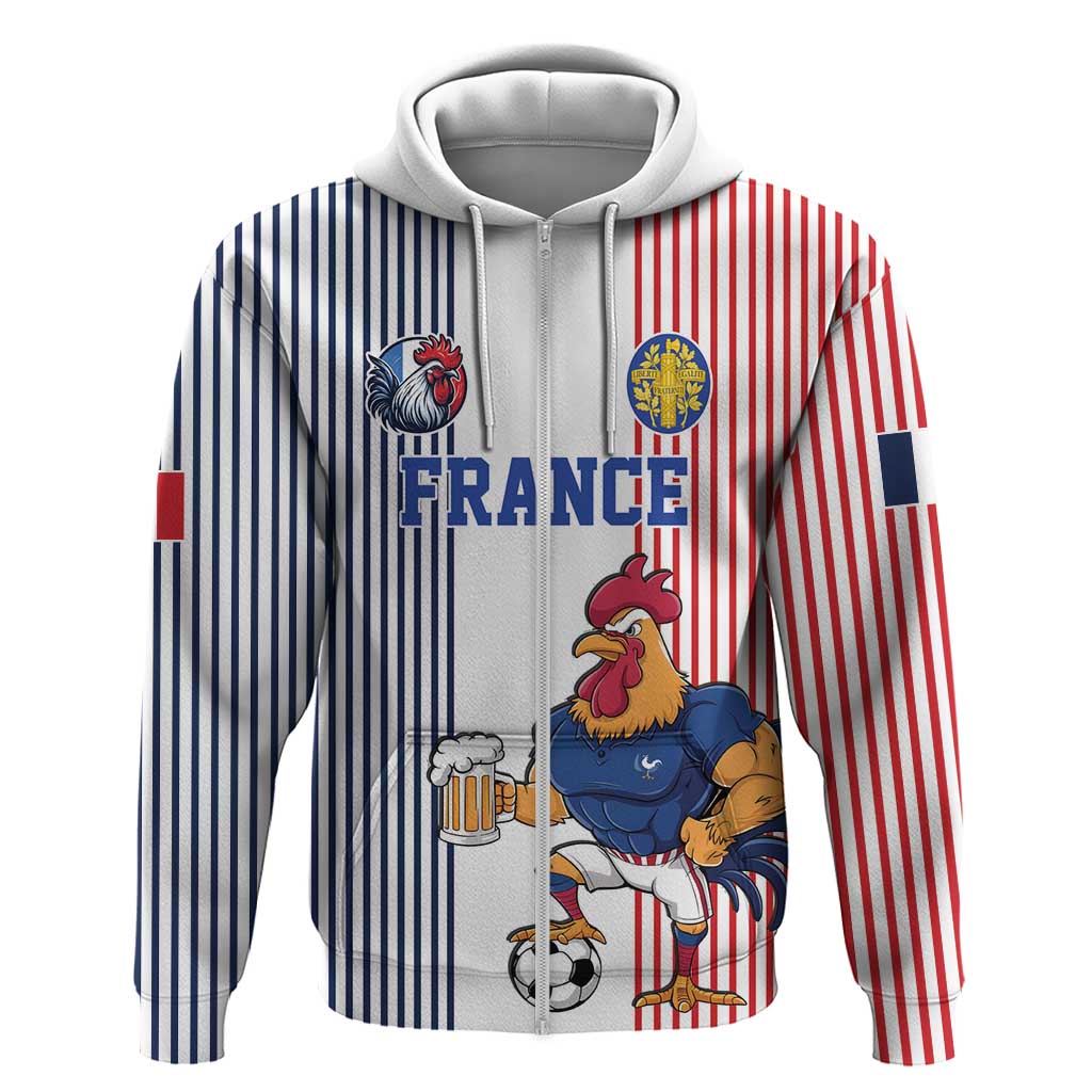 Custom France Football Zip Hoodie White Gallic Rooster Mascot