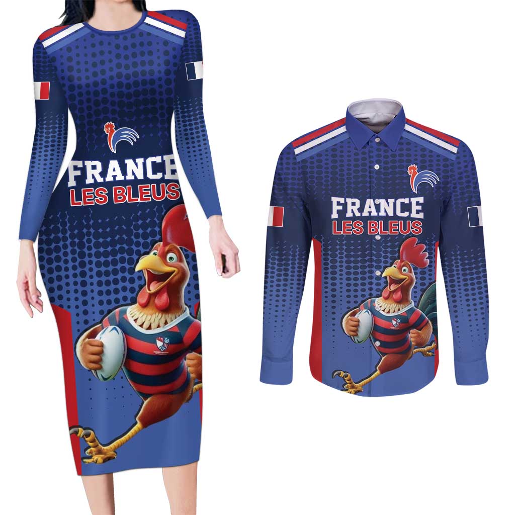 France Rugby Custom Couples Matching Long Sleeve Bodycon Dress and Long Sleeve Button Shirt Come on Les Bleus Blue Style