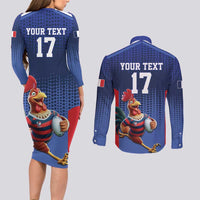 France Rugby Custom Couples Matching Long Sleeve Bodycon Dress and Long Sleeve Button Shirt Come on Les Bleus Blue Style