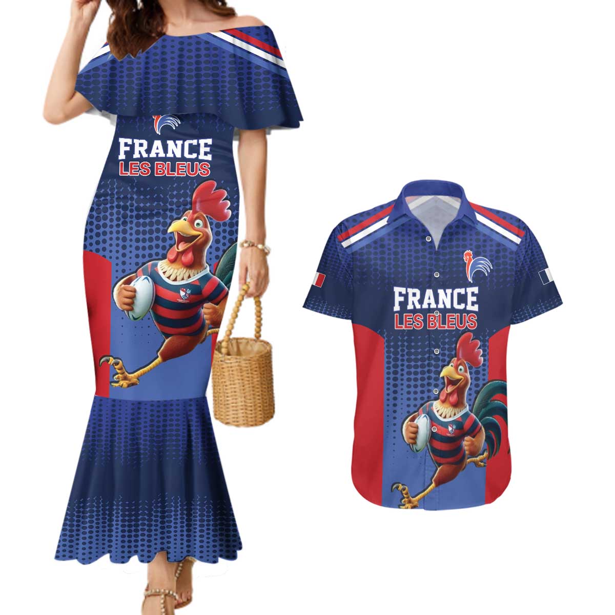 France Rugby Custom Couples Matching Mermaid Dress and Hawaiian Shirt Come on Les Bleus Blue Style