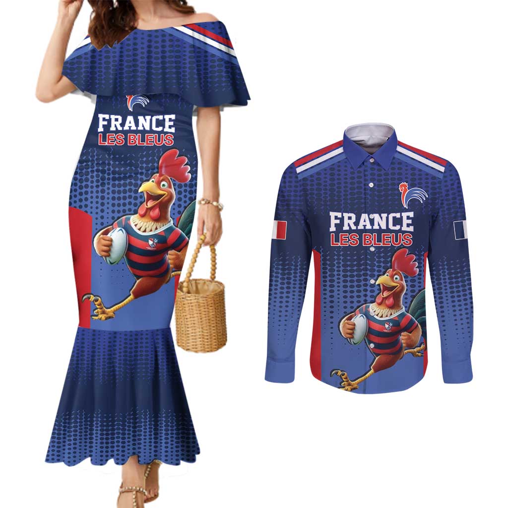 France Rugby Custom Couples Matching Mermaid Dress and Long Sleeve Button Shirt Come on Les Bleus Blue Style