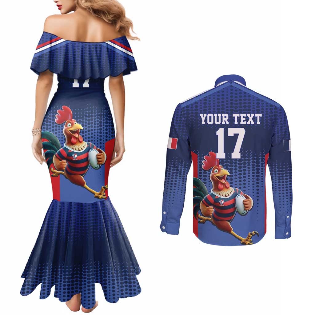 France Rugby Custom Couples Matching Mermaid Dress and Long Sleeve Button Shirt Come on Les Bleus Blue Style