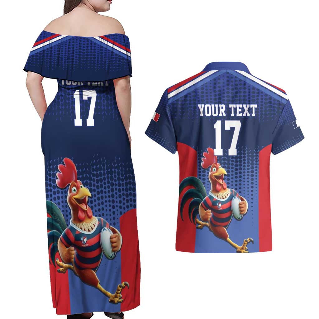France Rugby Custom Couples Matching Off Shoulder Maxi Dress and Hawaiian Shirt Come on Les Bleus Blue Style
