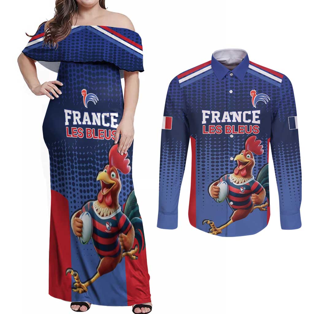 France Rugby Custom Couples Matching Off Shoulder Maxi Dress and Long Sleeve Button Shirt Come on Les Bleus Blue Style