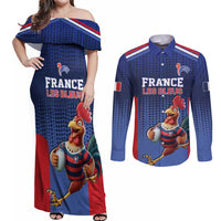 France Rugby Custom Couples Matching Off Shoulder Maxi Dress and Long Sleeve Button Shirt Come on Les Bleus Blue Style