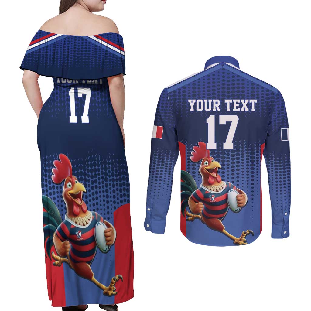 France Rugby Custom Couples Matching Off Shoulder Maxi Dress and Long Sleeve Button Shirt Come on Les Bleus Blue Style