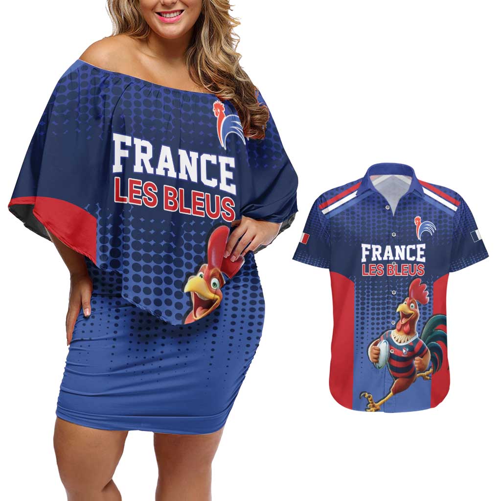 France Rugby Custom Couples Matching Off Shoulder Short Dress and Hawaiian Shirt Come on Les Bleus Blue Style