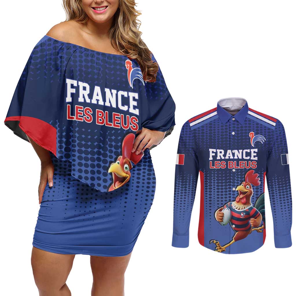 France Rugby Custom Couples Matching Off Shoulder Short Dress and Long Sleeve Button Shirt Come on Les Bleus Blue Style