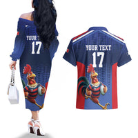 France Rugby Custom Couples Matching Off The Shoulder Long Sleeve Dress and Hawaiian Shirt Come on Les Bleus Blue Style