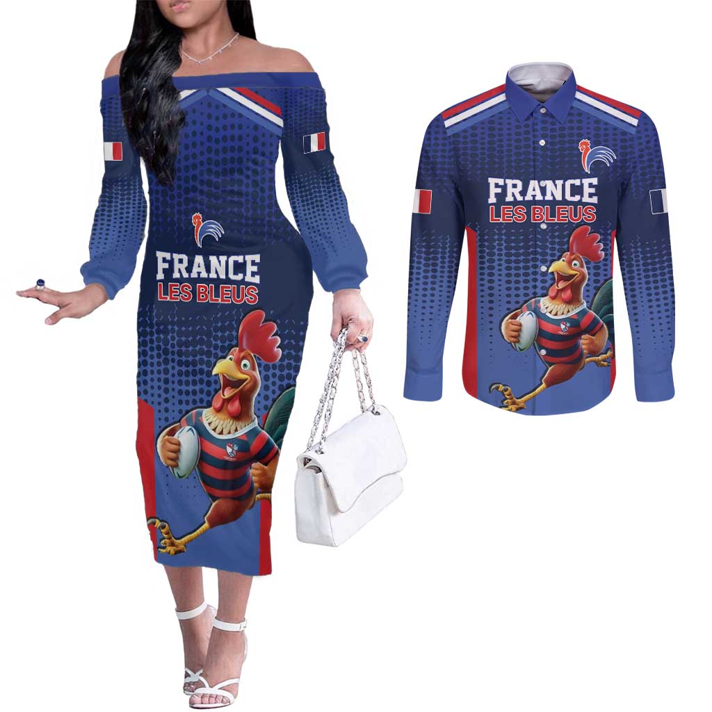 France Rugby Custom Couples Matching Off The Shoulder Long Sleeve Dress and Long Sleeve Button Shirt Come on Les Bleus Blue Style