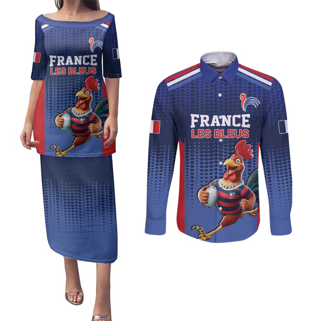 France Rugby Custom Couples Matching Puletasi and Long Sleeve Button Shirt Come on Les Bleus Blue Style