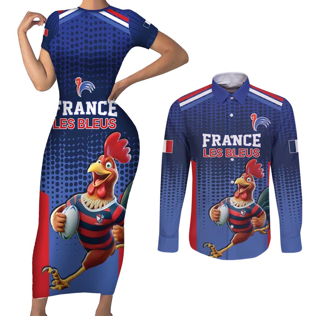 France Rugby Custom Couples Matching Short Sleeve Bodycon Dress and Long Sleeve Button Shirt Come on Les Bleus Blue Style