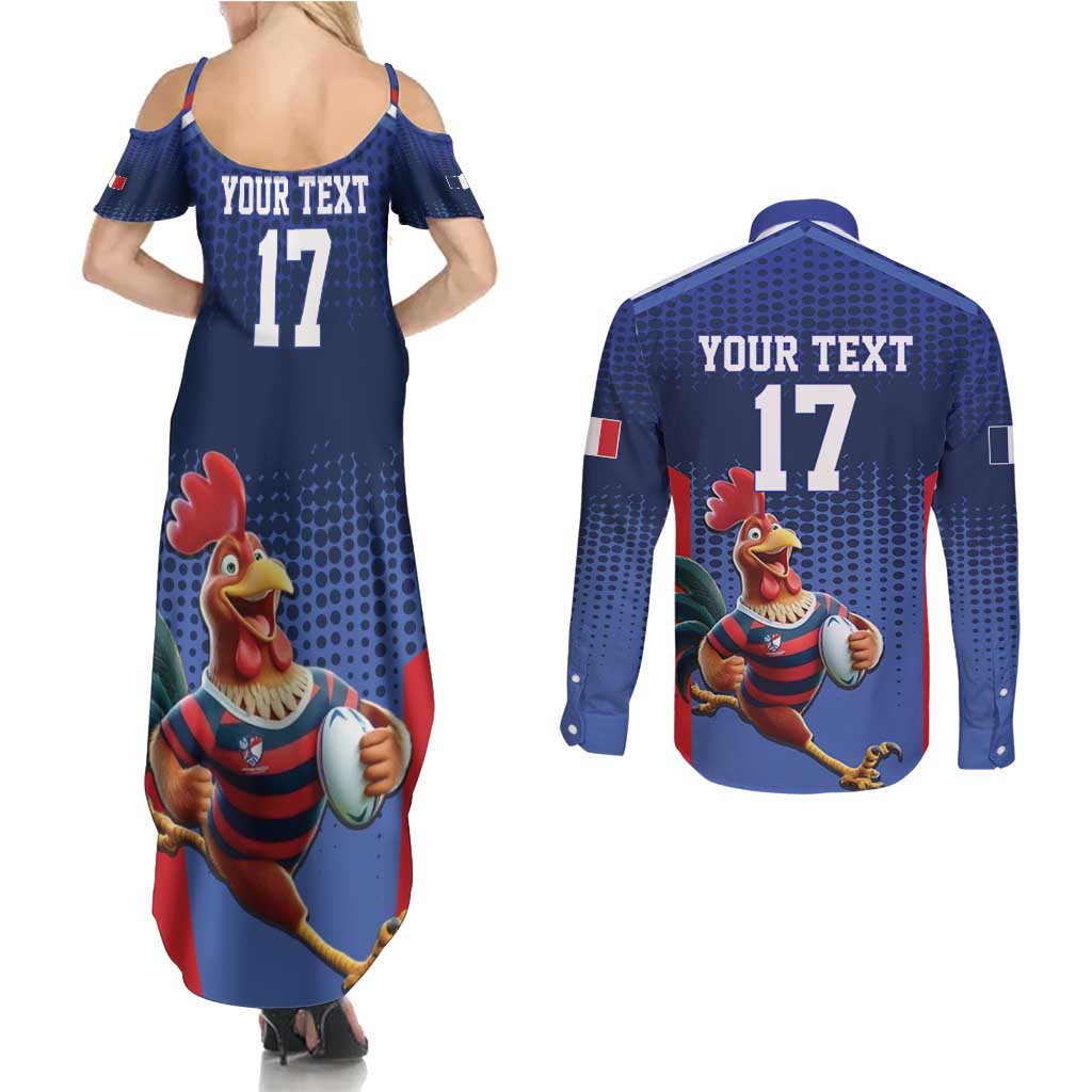 France Rugby Custom Couples Matching Summer Maxi Dress and Long Sleeve Button Shirt Come on Les Bleus Blue Style