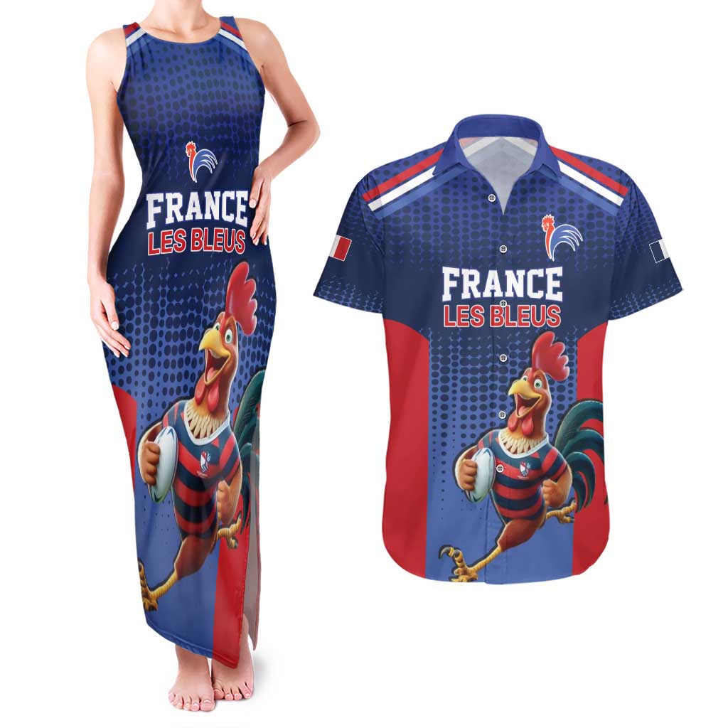 France Rugby Custom Couples Matching Tank Maxi Dress and Hawaiian Shirt Come on Les Bleus Blue Style