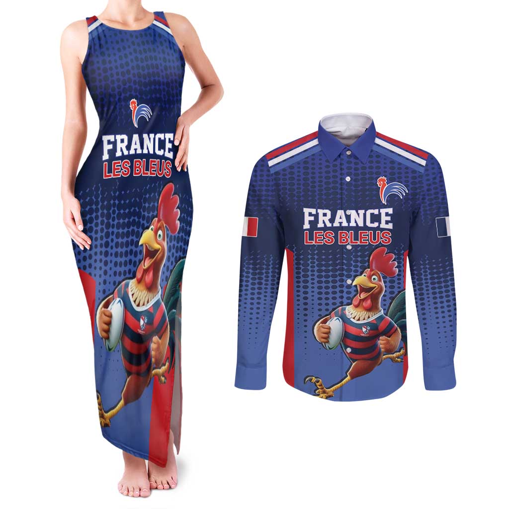 France Rugby Custom Couples Matching Tank Maxi Dress and Long Sleeve Button Shirt Come on Les Bleus Blue Style