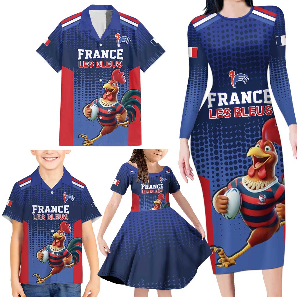 France Rugby Custom Family Matching Long Sleeve Bodycon Dress and Hawaiian Shirt Come on Les Bleus Blue Style
