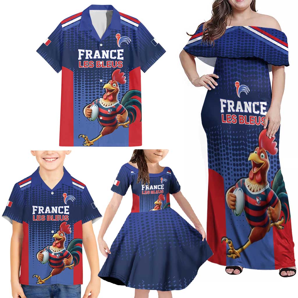 France Rugby Custom Family Matching Off Shoulder Maxi Dress and Hawaiian Shirt Come on Les Bleus Blue Style