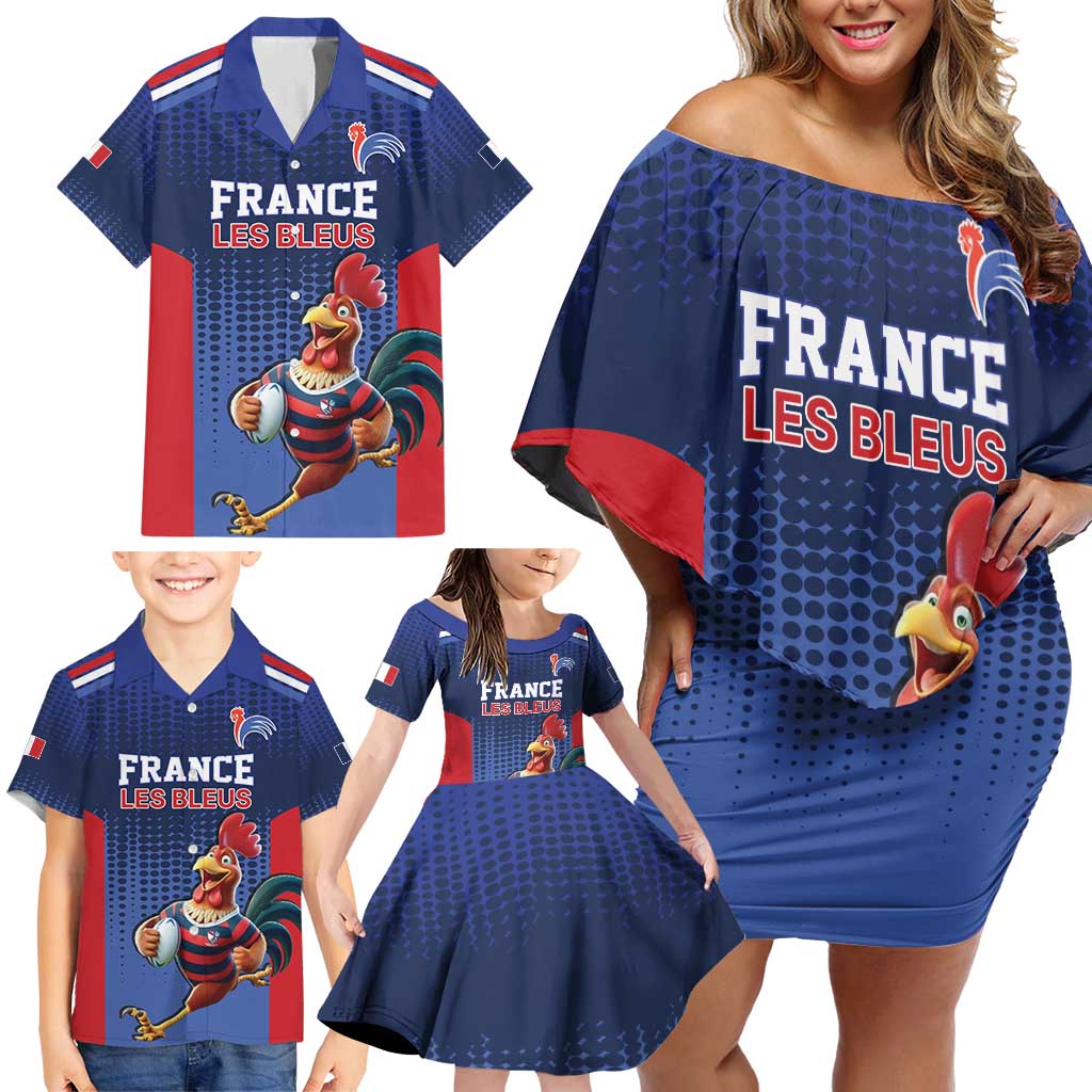 France Rugby Custom Family Matching Off Shoulder Short Dress and Hawaiian Shirt Come on Les Bleus Blue Style
