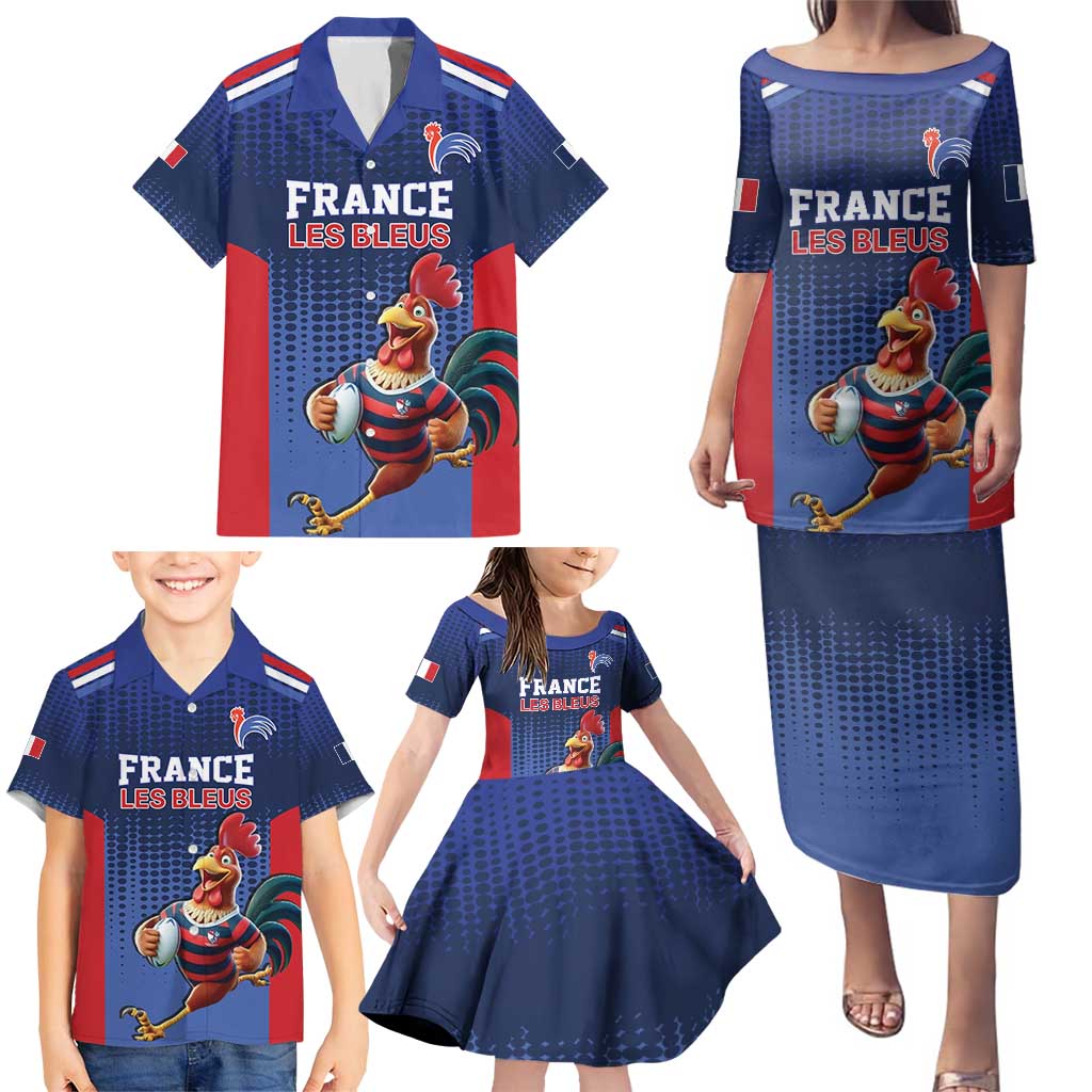 France Rugby Custom Family Matching Puletasi and Hawaiian Shirt Come on Les Bleus Blue Style