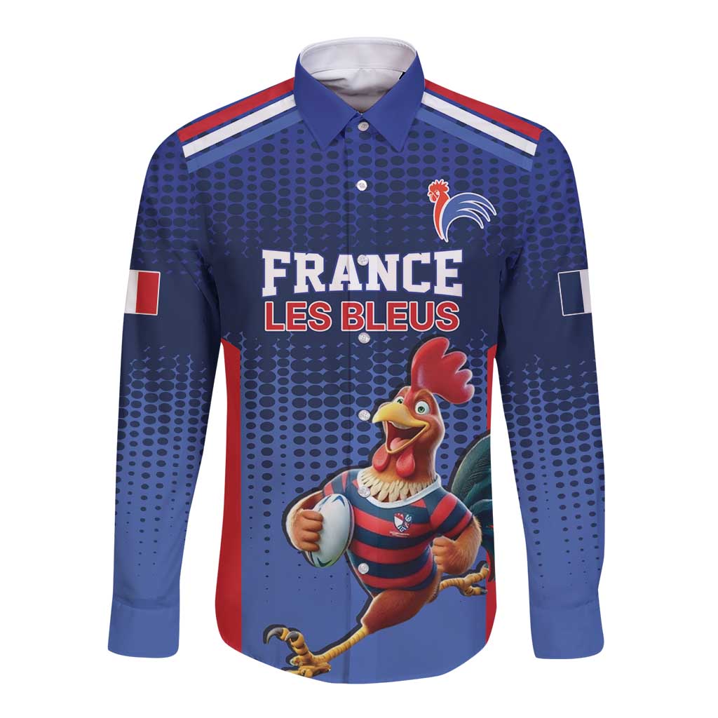 France Rugby Custom Long Sleeve Button Shirt Come on Les Bleus Blue Style