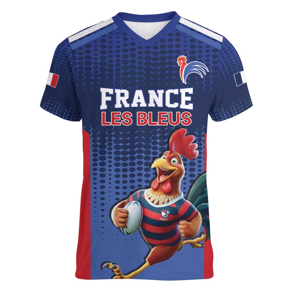 France Rugby Custom Women V-Neck T-Shirt Come on Les Bleus Blue Style