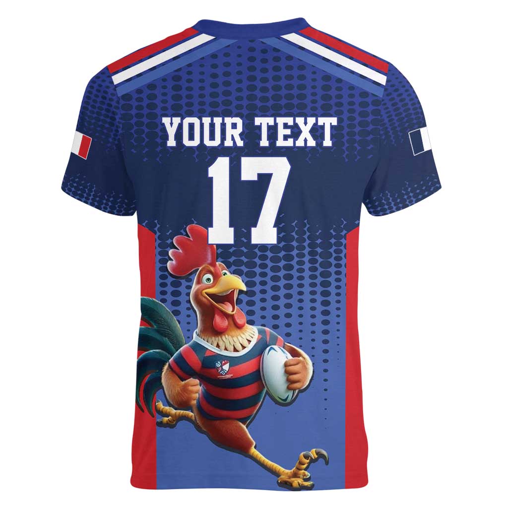 France Rugby Custom Women V-Neck T-Shirt Come on Les Bleus Blue Style