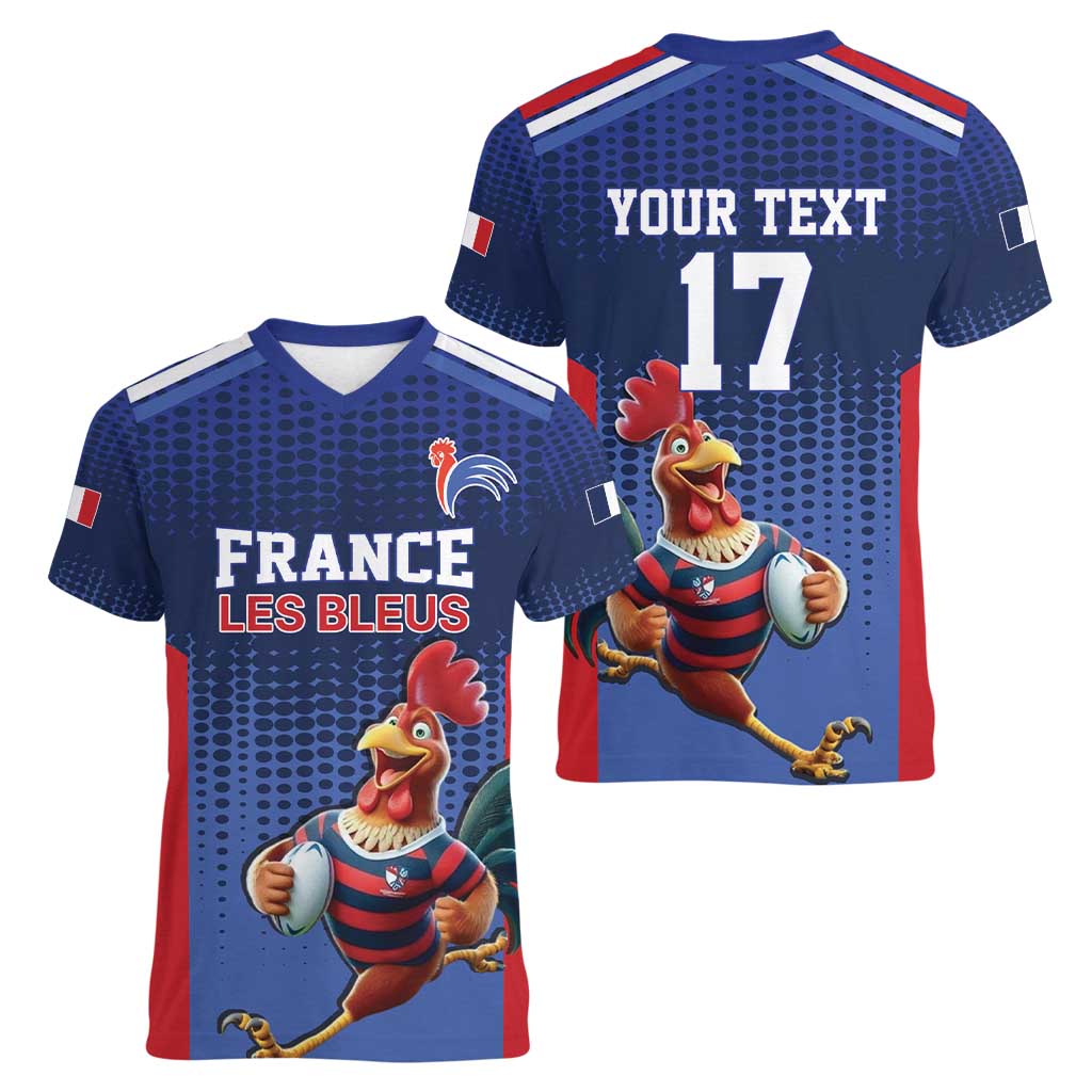 France Rugby Custom Women V-Neck T-Shirt Come on Les Bleus Blue Style