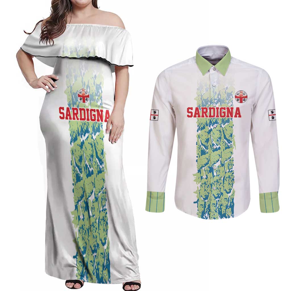 Custom Sardinia Football Couples Matching Off Shoulder Maxi Dress and Long Sleeve Button Shirt Sardigna Sporty Style