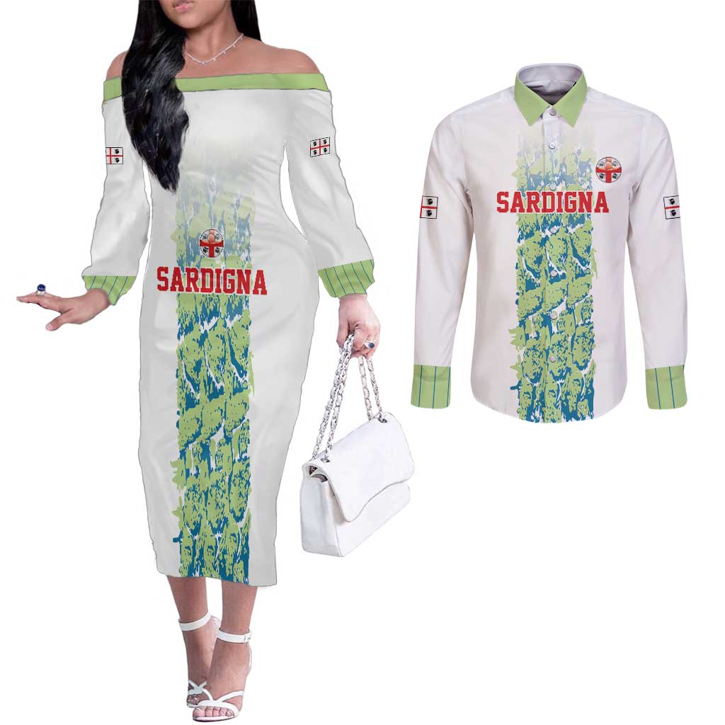 Custom Sardinia Football Couples Matching Off The Shoulder Long Sleeve Dress and Long Sleeve Button Shirt Sardigna Sporty Style