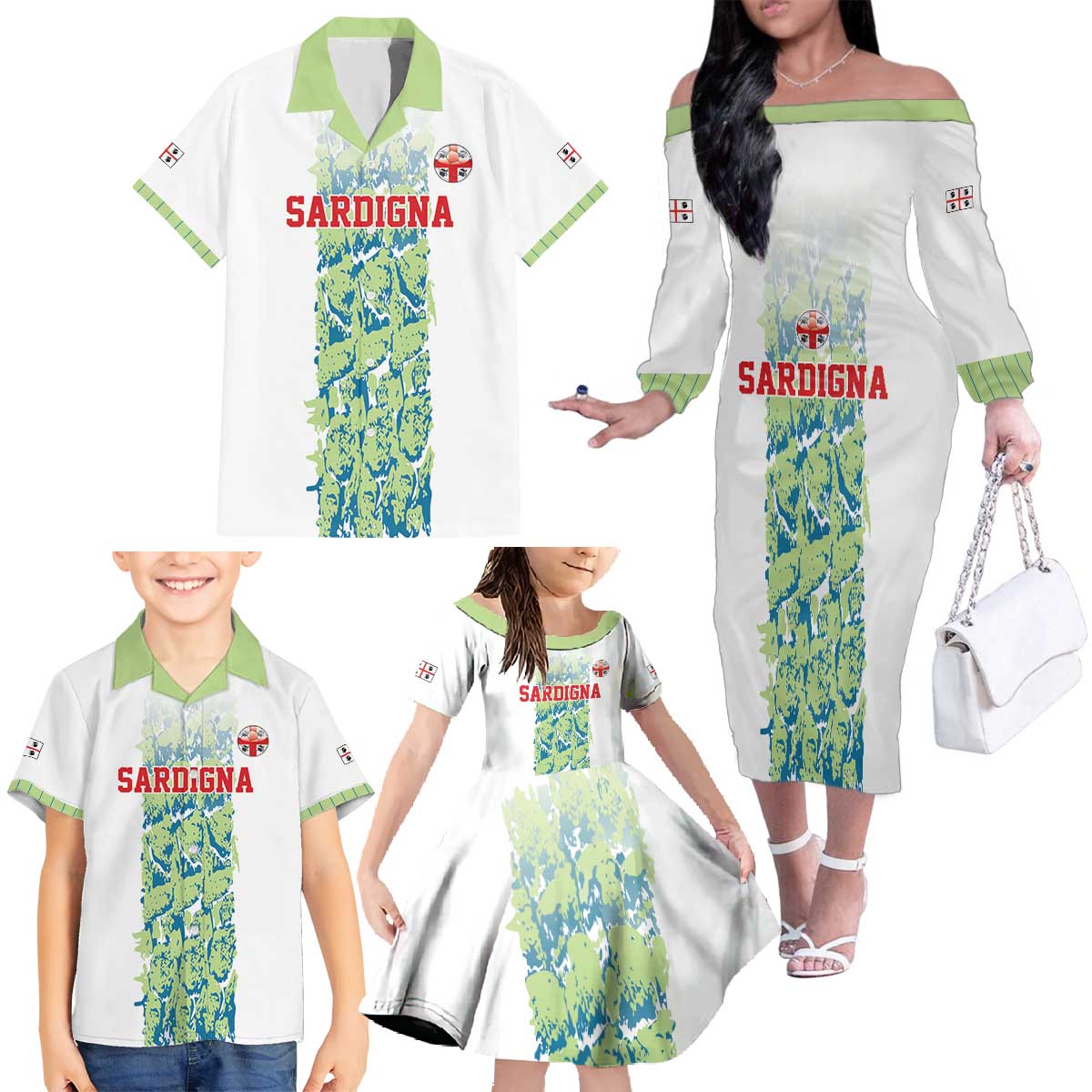 Custom Sardinia Football Family Matching Off The Shoulder Long Sleeve Dress and Hawaiian Shirt Sardigna Sporty Style