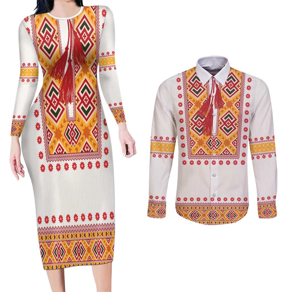 Slovakia Costume Couples Matching Long Sleeve Bodycon Dress and Long Sleeve Button Shirt Traditional Folk Pattern