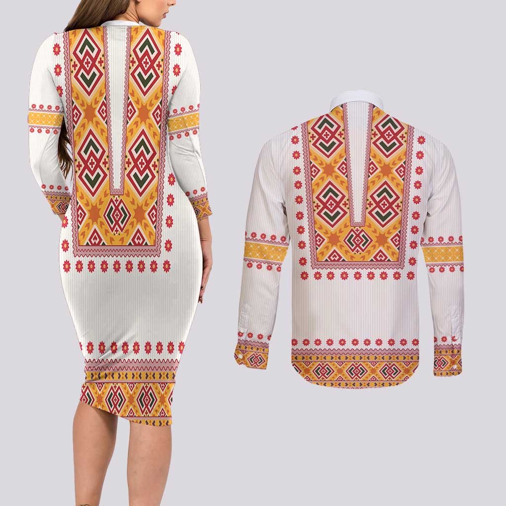 Slovakia Costume Couples Matching Long Sleeve Bodycon Dress and Long Sleeve Button Shirt Traditional Folk Pattern