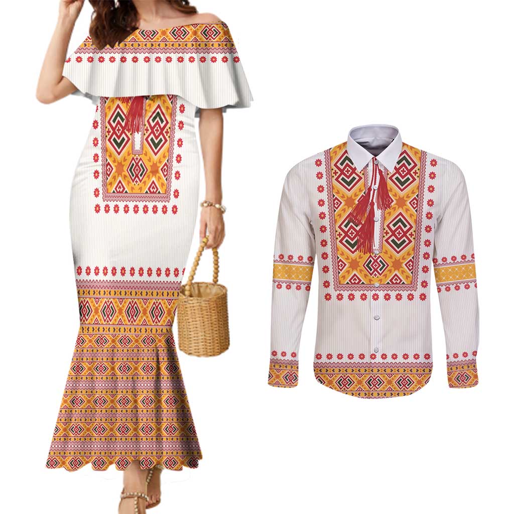 Slovakia Costume Couples Matching Mermaid Dress and Long Sleeve Button Shirt Traditional Folk Pattern
