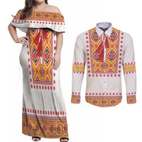 Slovakia Costume Couples Matching Off Shoulder Maxi Dress and Long Sleeve Button Shirt Traditional Folk Pattern