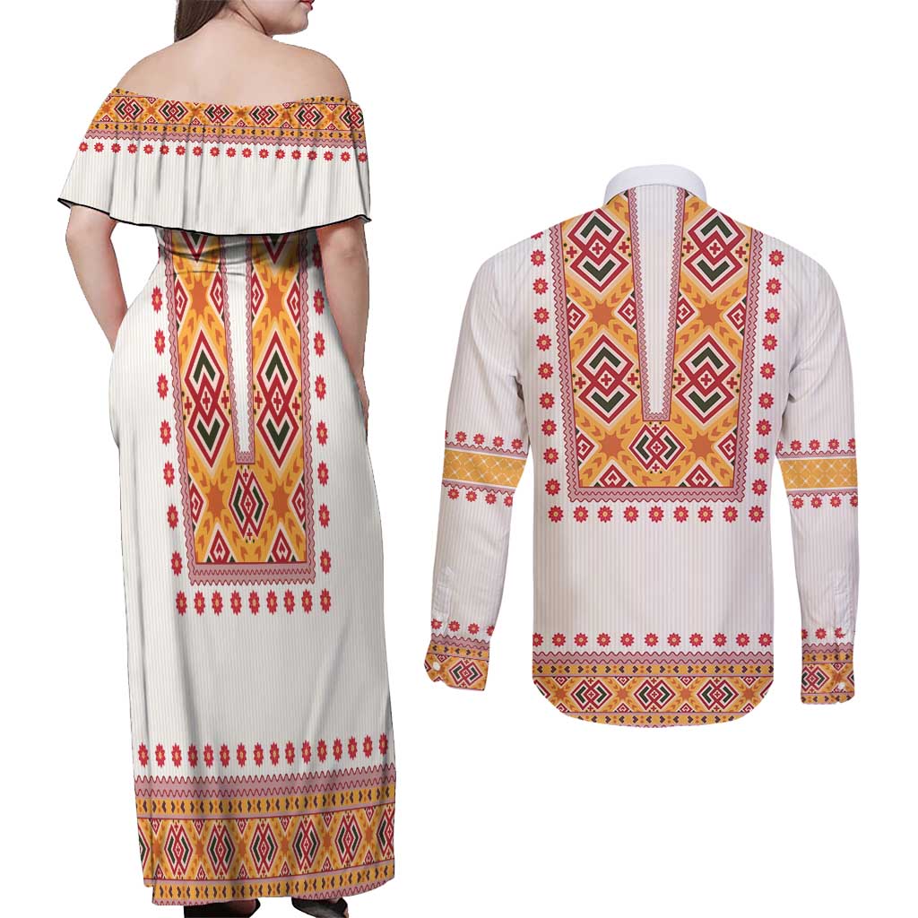 Slovakia Costume Couples Matching Off Shoulder Maxi Dress and Long Sleeve Button Shirt Traditional Folk Pattern